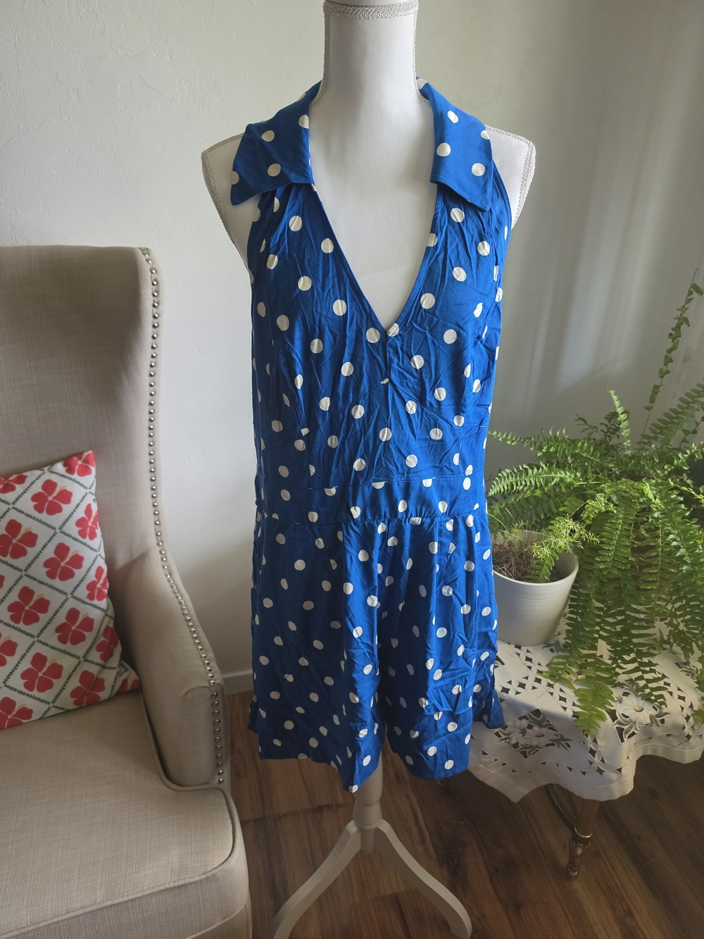 NWT Torrid Blue and White Polka Dot Halter Romper